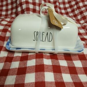 Rae Dunn White Butter Dish with 'SPREAD' Text